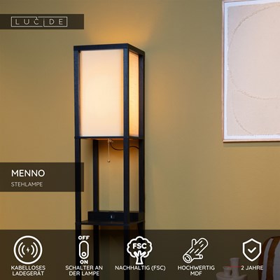 Lucide MENNO - Stehlampe - 1xE27 - Mit kabellosem Ladegerät - Schwarz